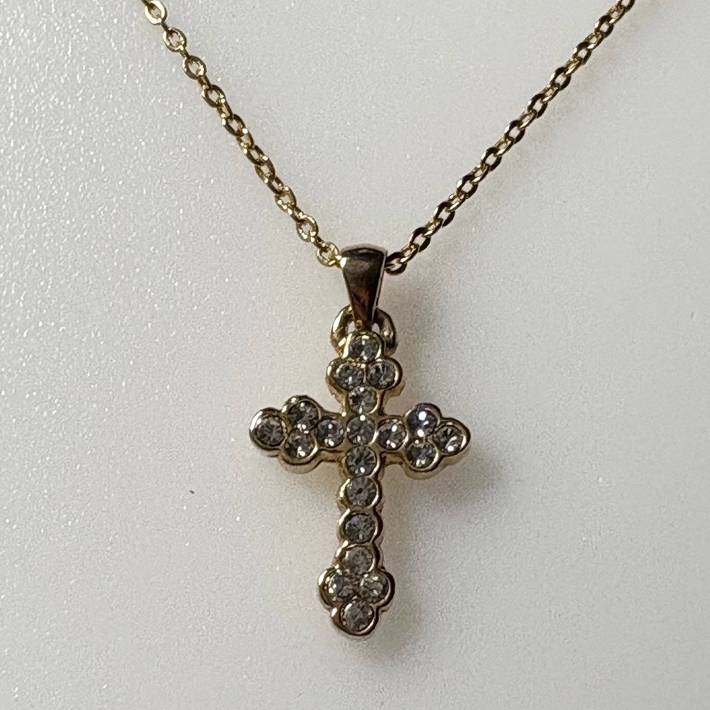 Gold Tone Rhinestone Cross Pendant Necklace